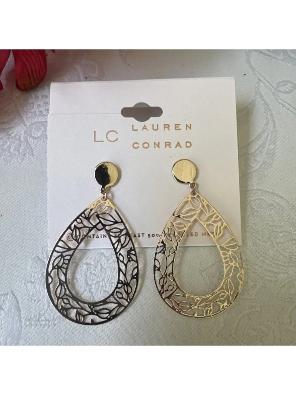 LC Lauren Conrad Earrings Oval Filigree Tree of Life GoldTone Dangle 2